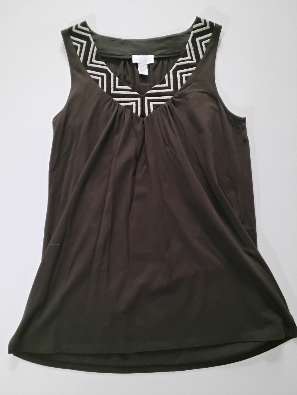 Charter Club Sleeveless Top Womens Size Medium Brown Embroidered Chevron V-Neck